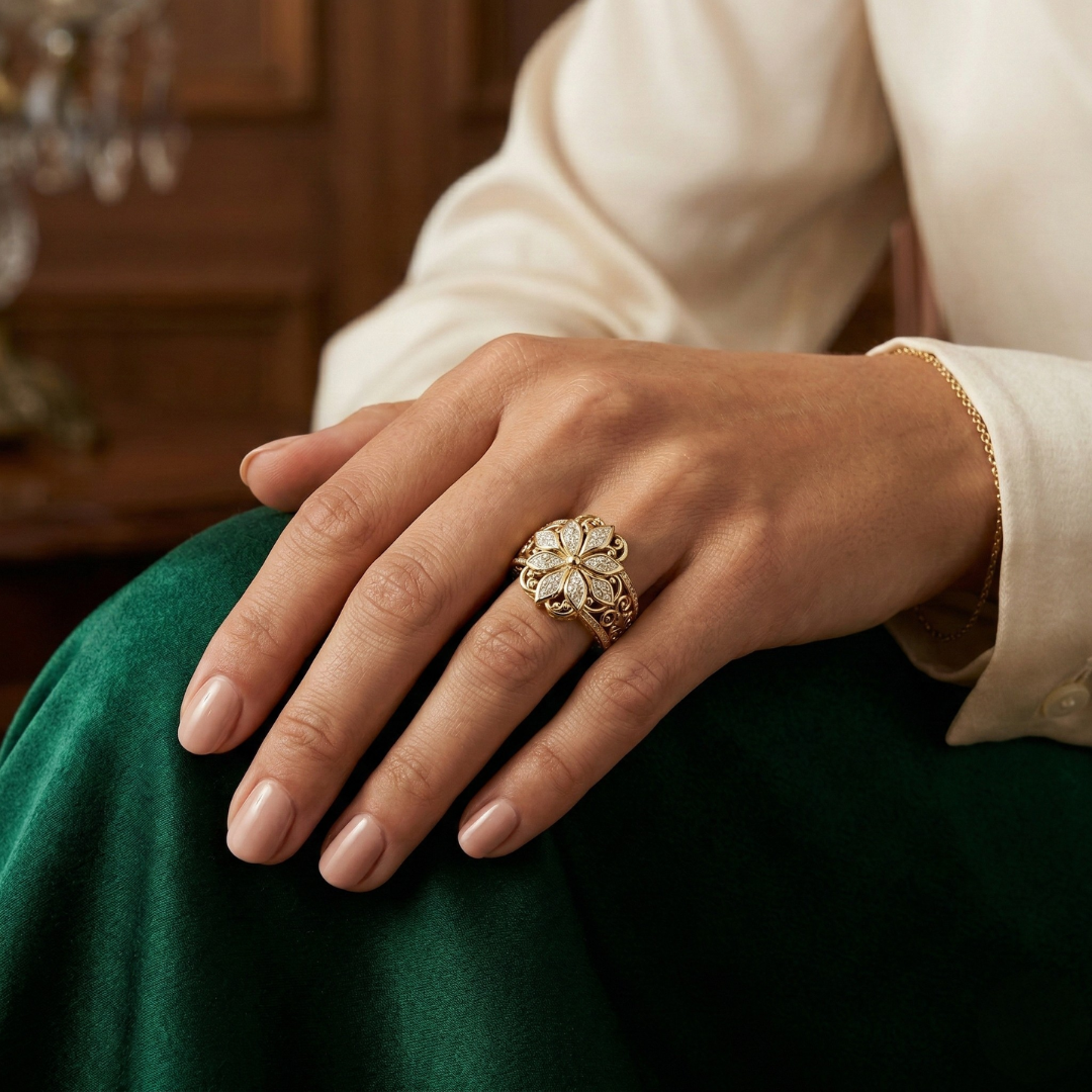Anello Floreale in Oro con Zirconi