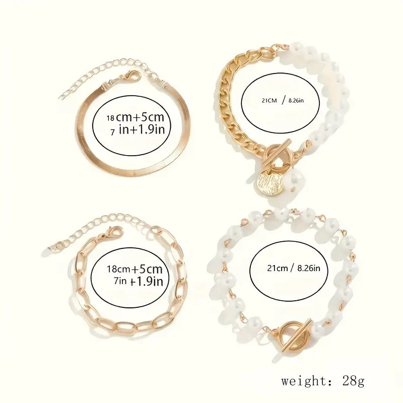 Set 4 Bracciali Serpente, Perle e Maglie | Oro