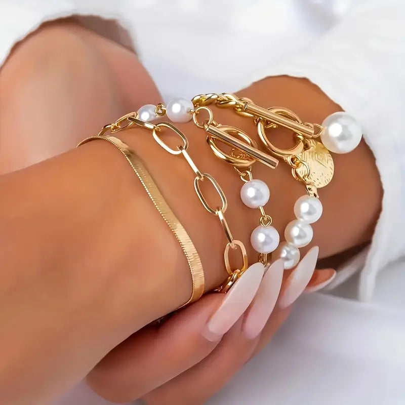 Set 4 Bracciali Serpente, Perle e Maglie | Oro