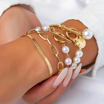 Set 4 Bracciali Serpente, Perle e Maglie | Oro