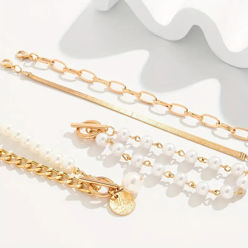 Set 4 Bracciali Serpente, Perle e Maglie | Oro