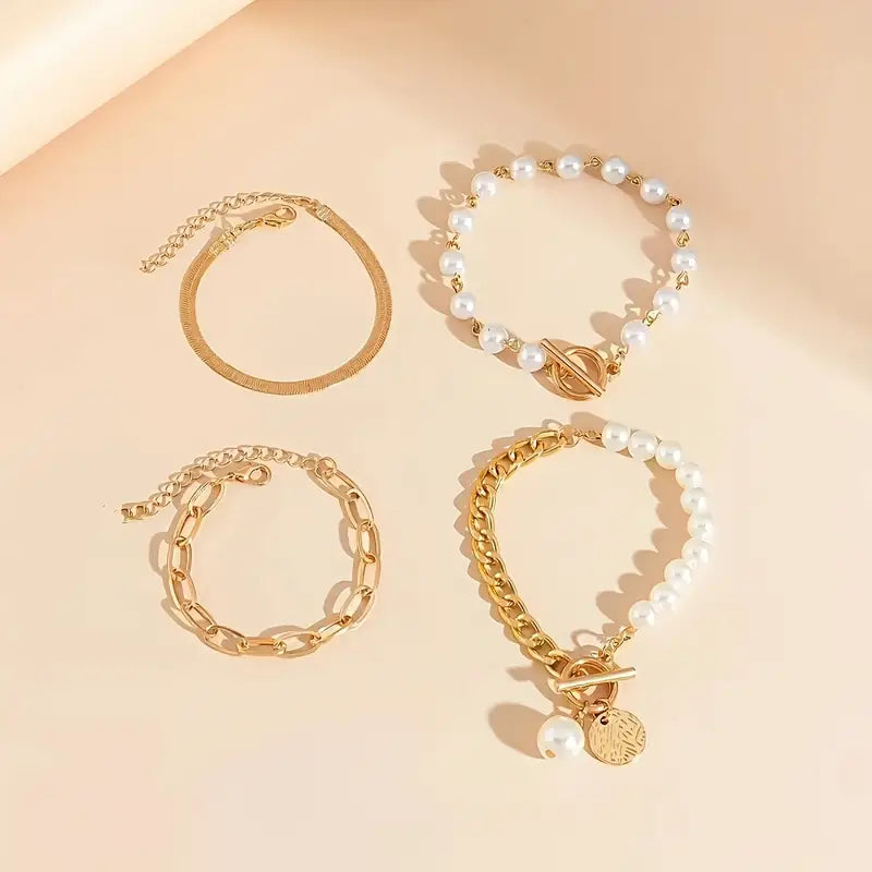 Set 4 Bracciali Serpente, Perle e Maglie | Oro